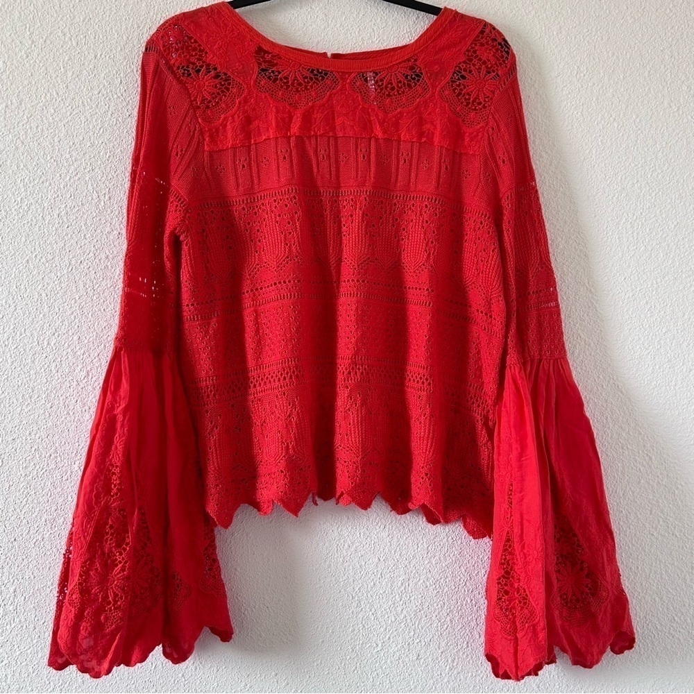 Free People Knit Crochet Eyelet Flare Sleeve Linen Blend Top Women Medium Orange